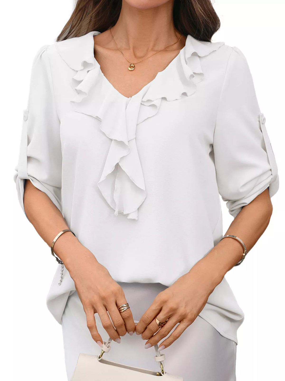Trendsi Ruffled V-Neck Roll-Up Sleeves Blouse -