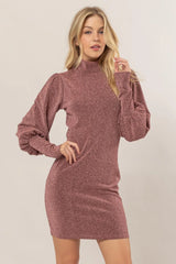 Trendsi HYFVE Glitter Mock Neck Long Sleeve Mini Dress -