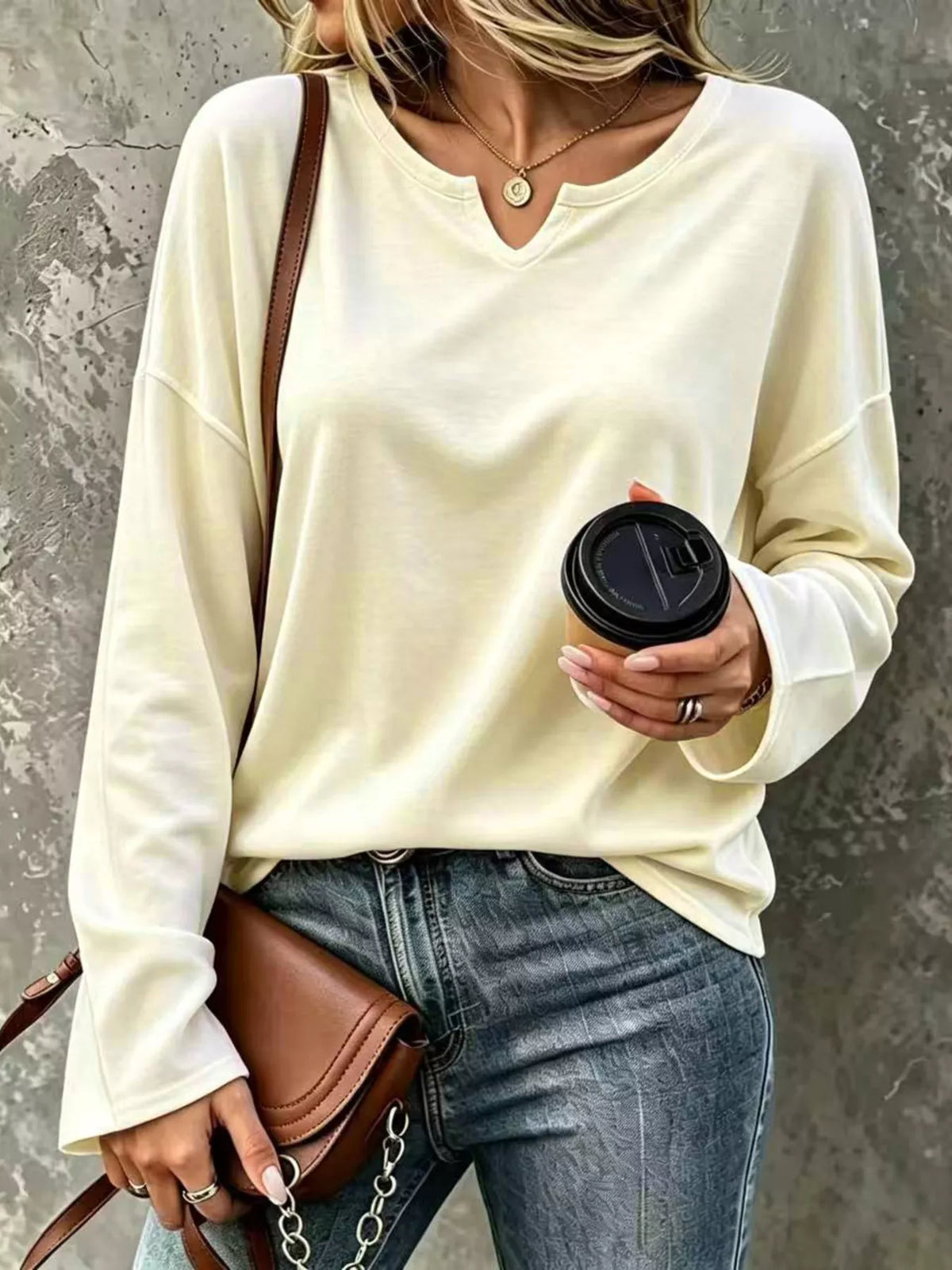 Cream Loose-Fit Notch Neck Long Sleeve T-Shirt front view