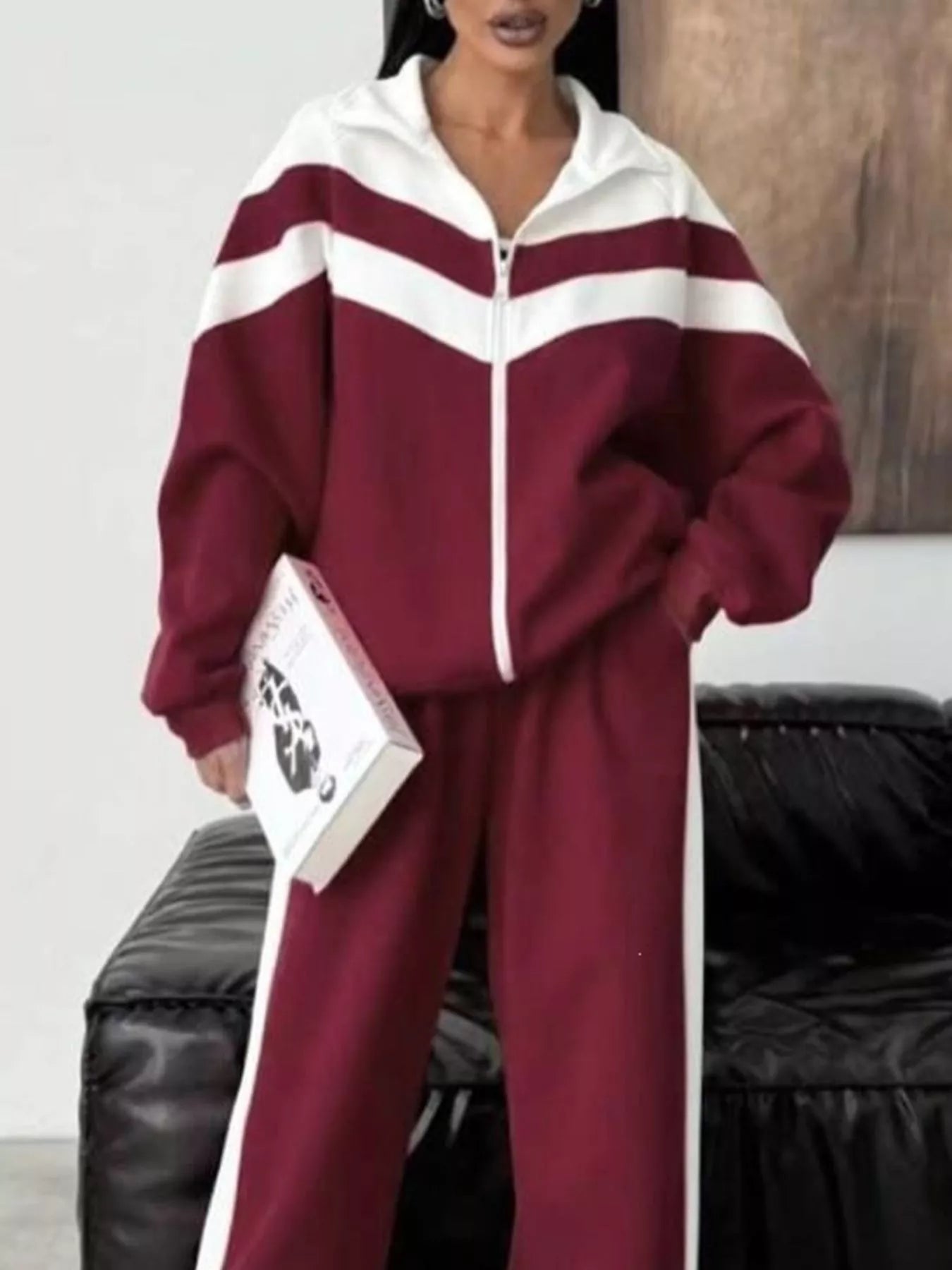Trendsi Color Block Zip-Up Outerwear and Pants Set -