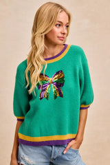 Trendsi BiBi Mardi Gras Sequin Ribbon Patched Sweater -