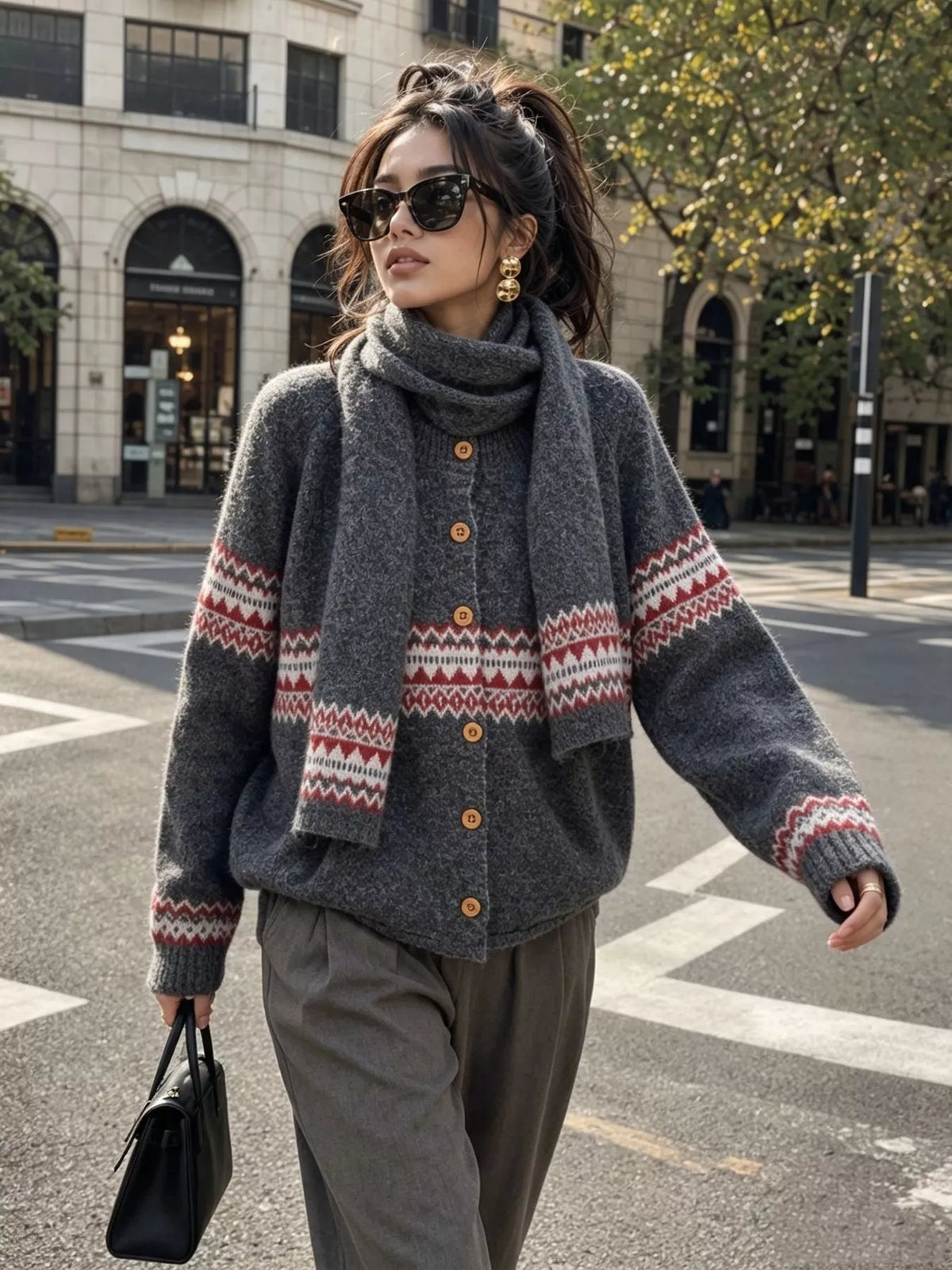 Charcoal geometric button-front knit cardigan, walking front view.