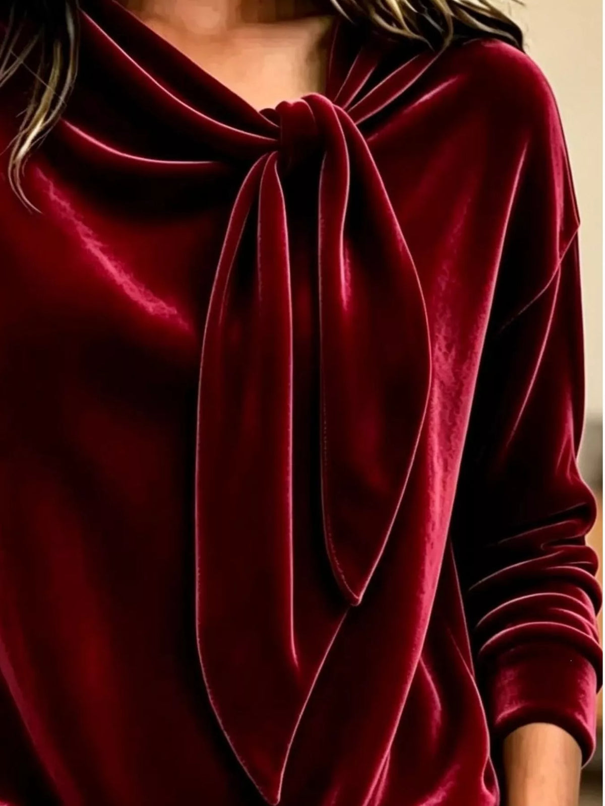 Women's Velvet Tie-Neck Long Sleeve Sweatshirt in burgundy — neckline detail view