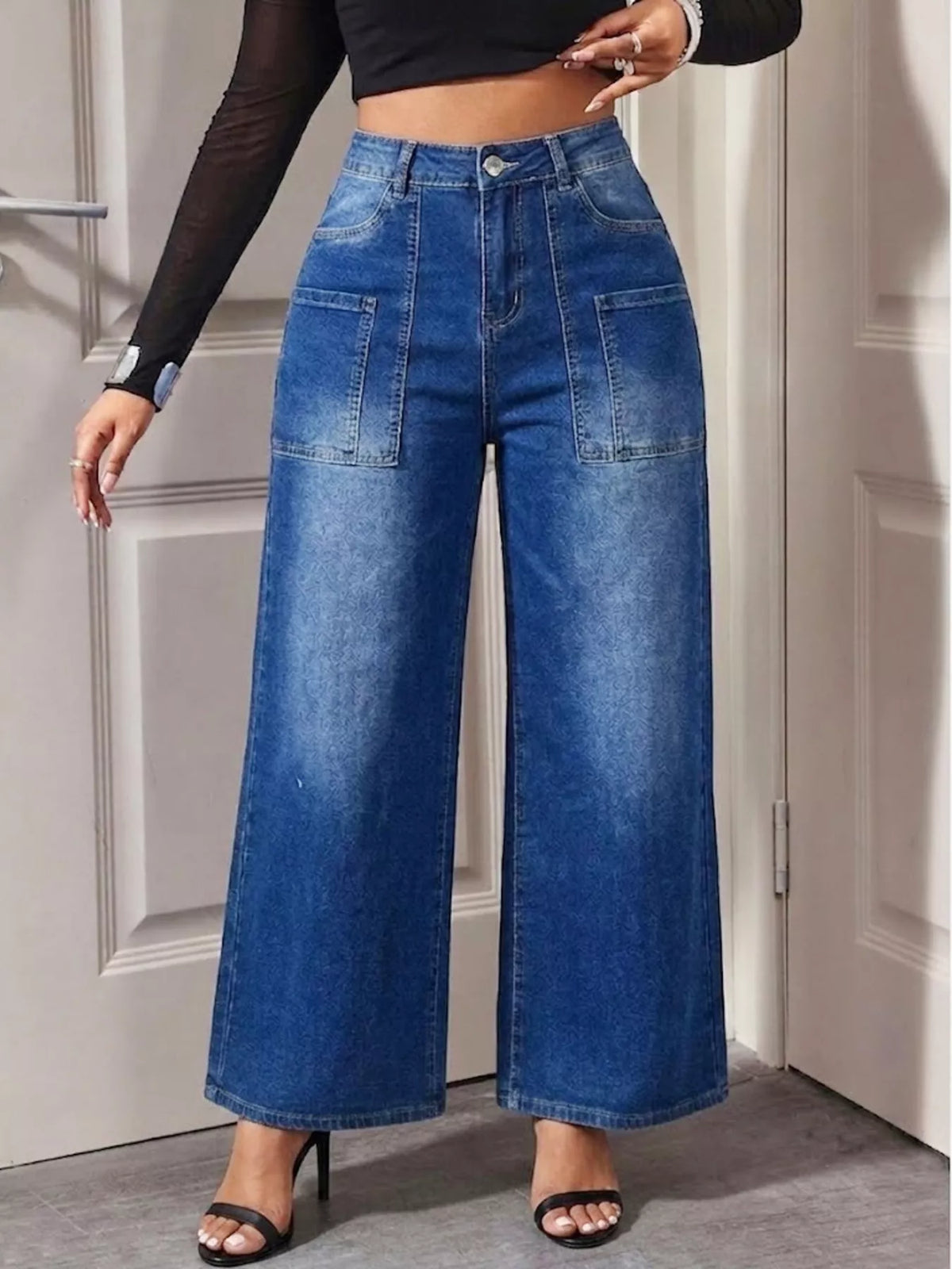 High-Waisted Patch Pocket Wide-Leg Jeans in blue, front view