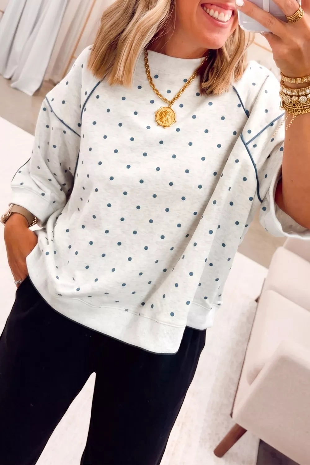 Trendsi Polka Dot Print Piping Trim 3/4 Sleeve Relaxed Top -