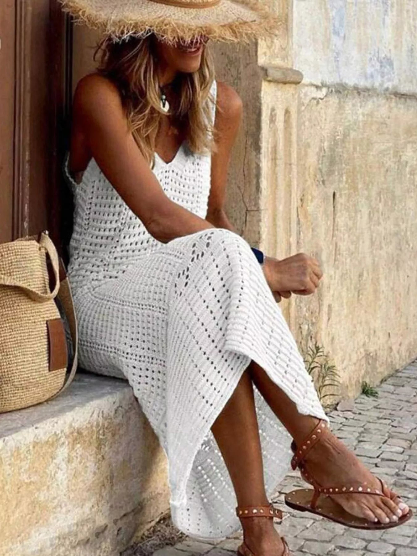 Trendsi Sleeveless Crochet Knit Cover Up Maxi Dress -