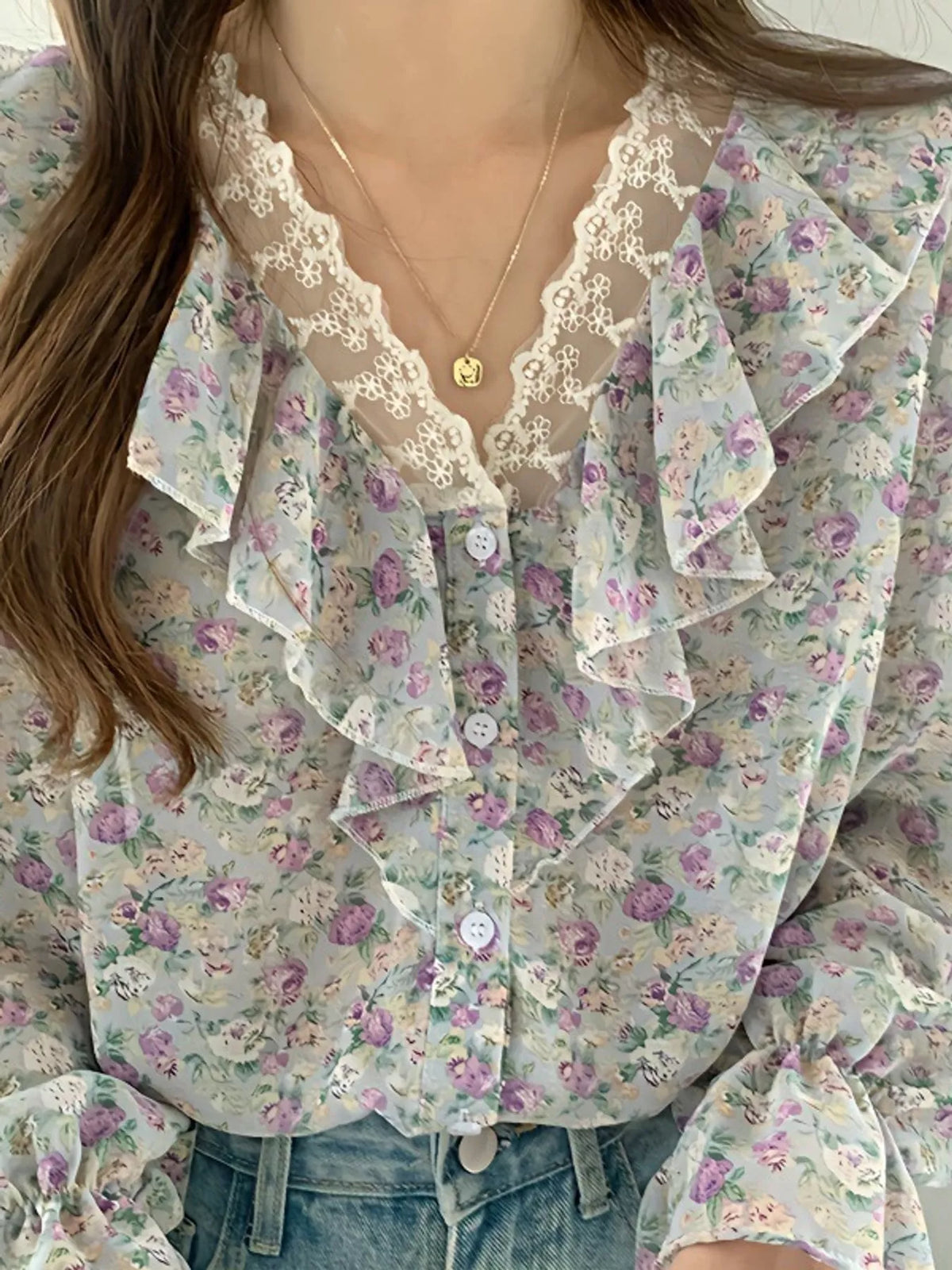 Floral Ruffle Lace Trim V-Neck Shirt — construction details