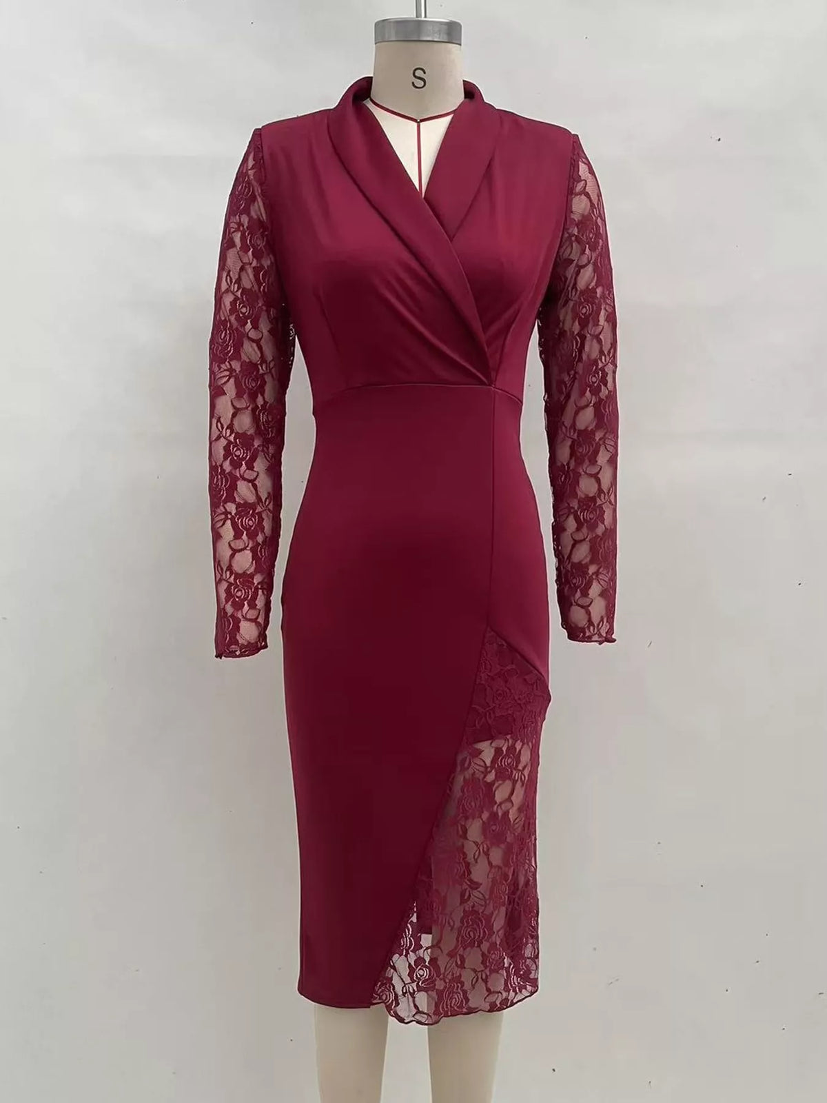 Lace-Sleeve Blazer Dress in burgundy, front view