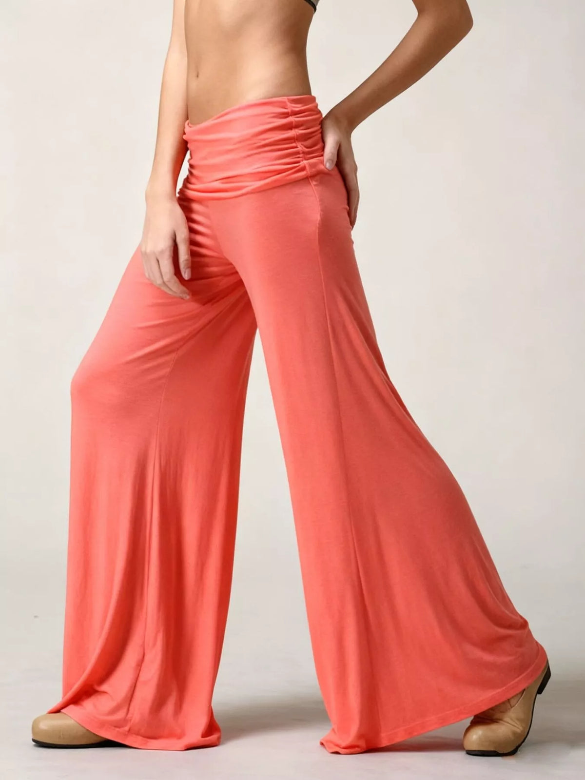 Coral fold-over wide-leg pants, side view