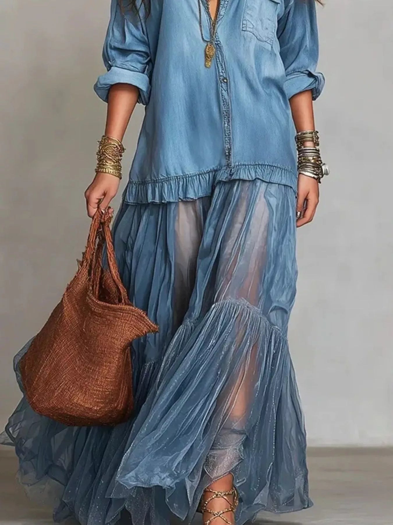 Trendsi Full Size Tiered Long Sleeve Denim Shirt Maxi Dress Plus Size -