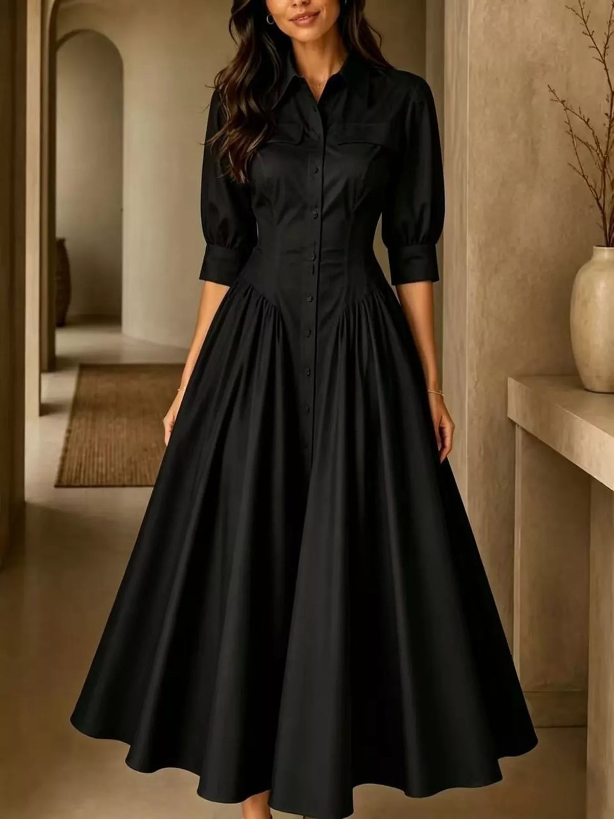 Button-Down Shirt Dress with Cinched Waist, front view