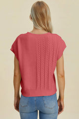 Trendsi Double Take Full Size Cable-Knit Round Neck Short Sleeve Sweater -