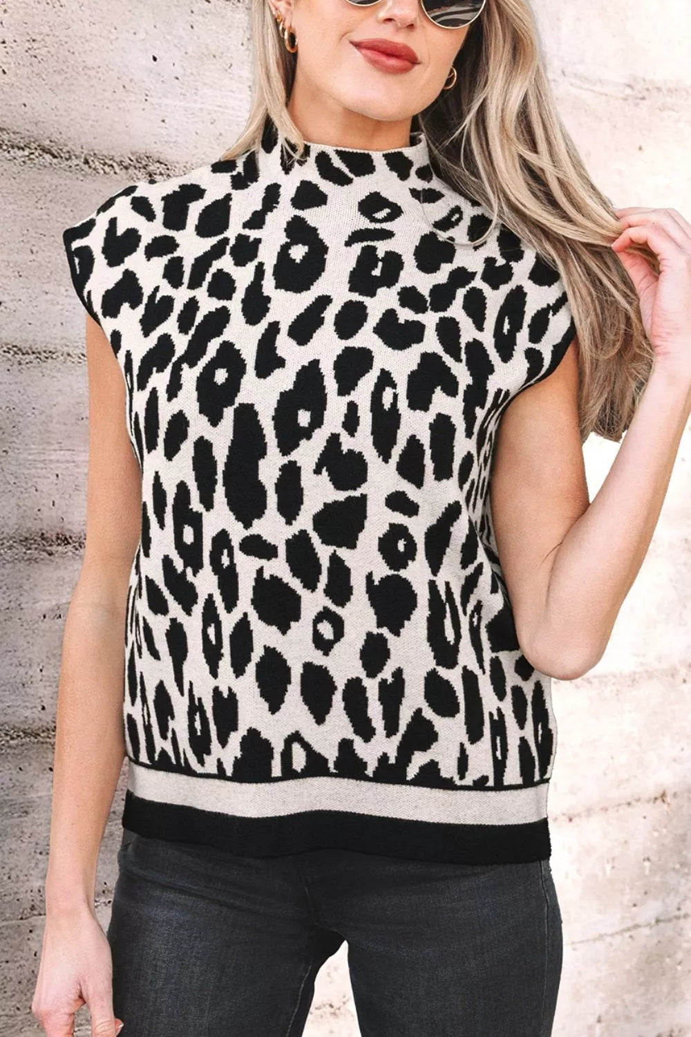 Trendsi Leopard Print High Neck Short Sleeve Sweater -