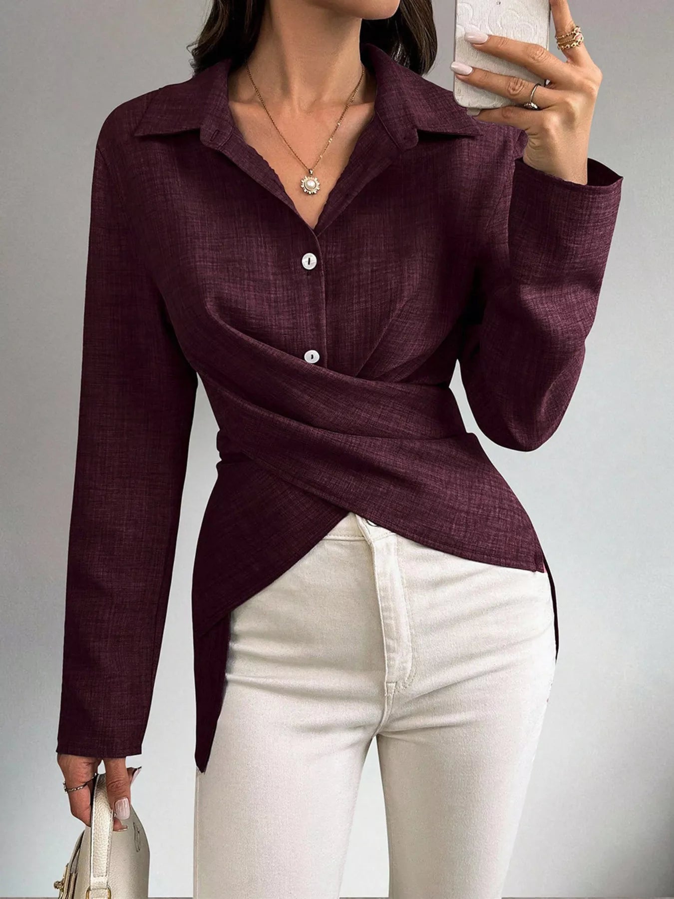 Trendsi Criss-Cross Wrap Front Long Sleeve Shirt -