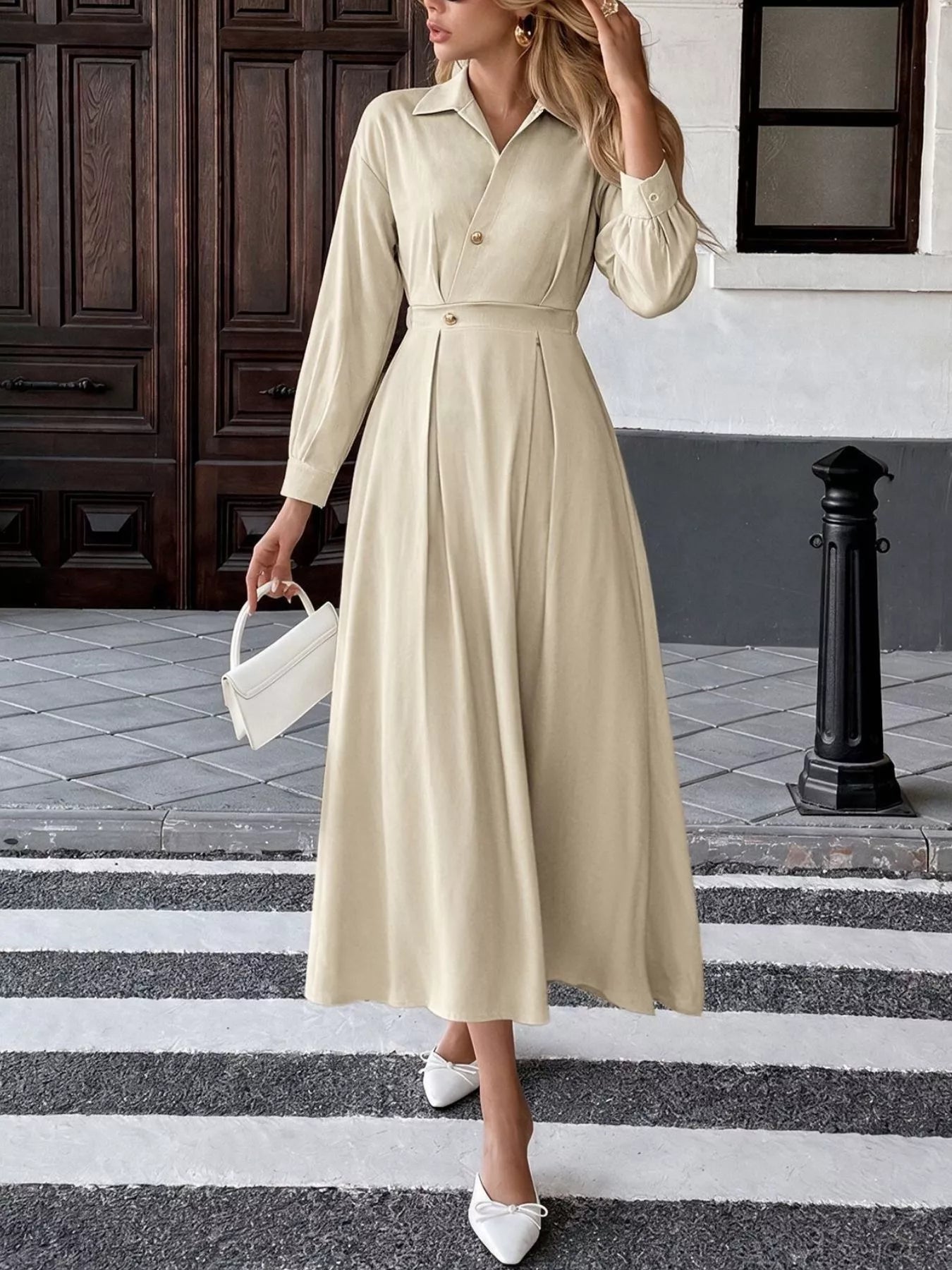 Trendsi Pleated Button Detail Long Sleeve Shirt Dress -