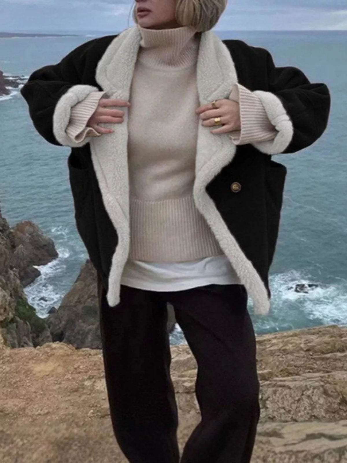 Plush-Lined Double-Breasted Jacket in black, front view
