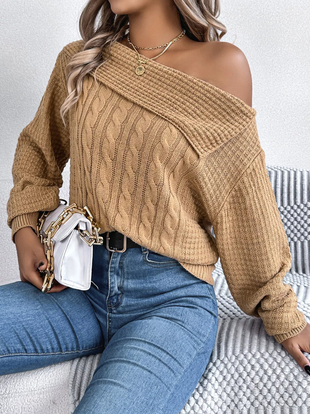 One Shoulder Cable Knit Sweater in camel, front view