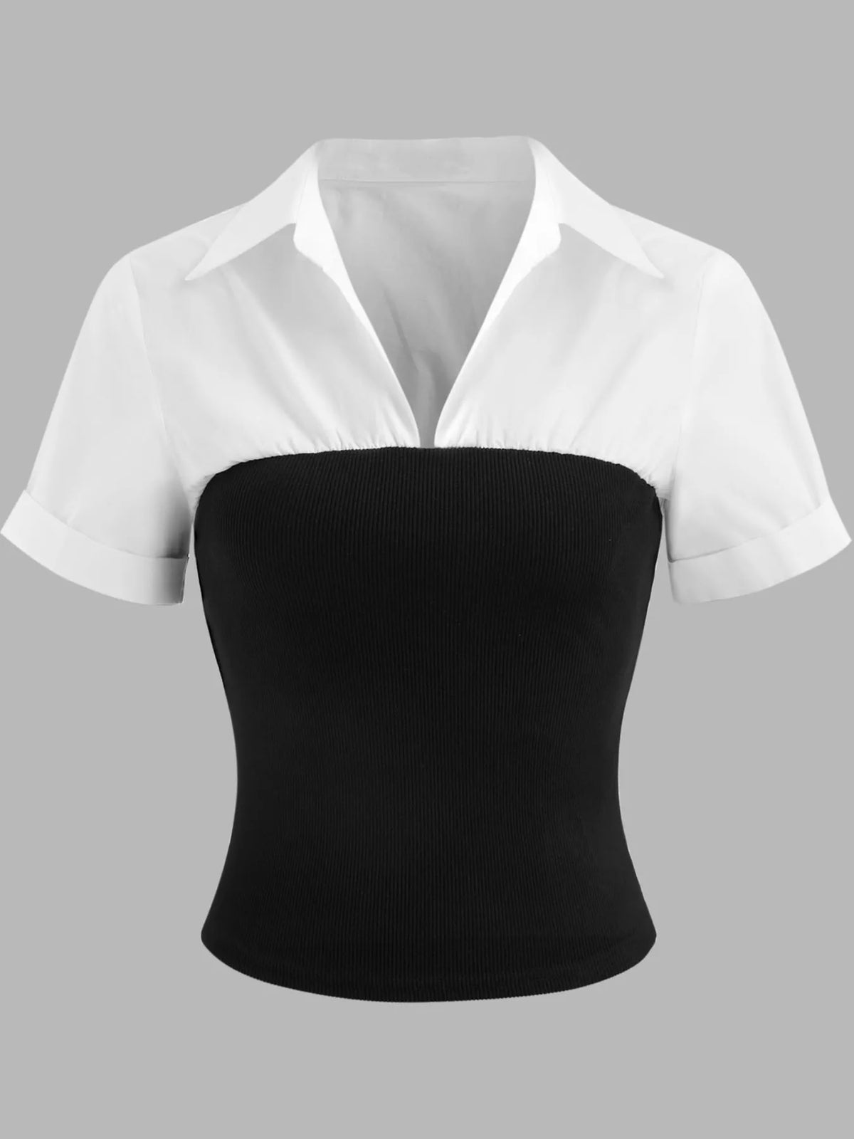 Color-Block Short Sleeve Blouse in black and white