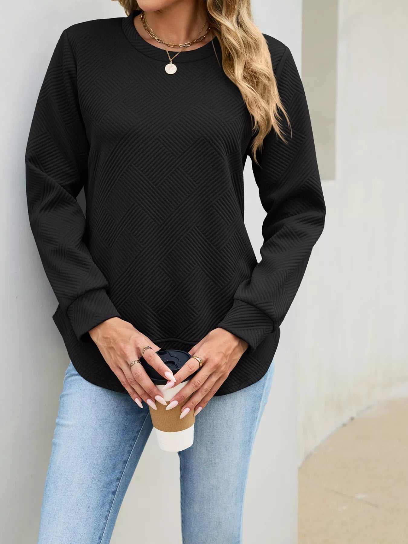 Trendsi Textured Crew Neck Sweatshirt -