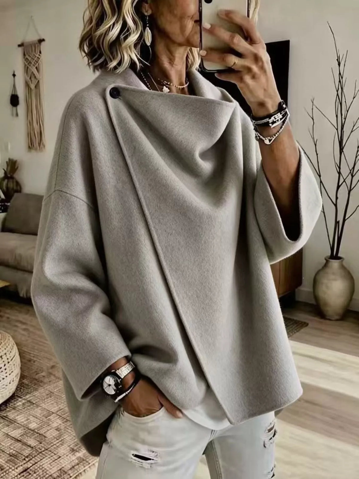 Gray asymmetric cowl neck cape-style jacket