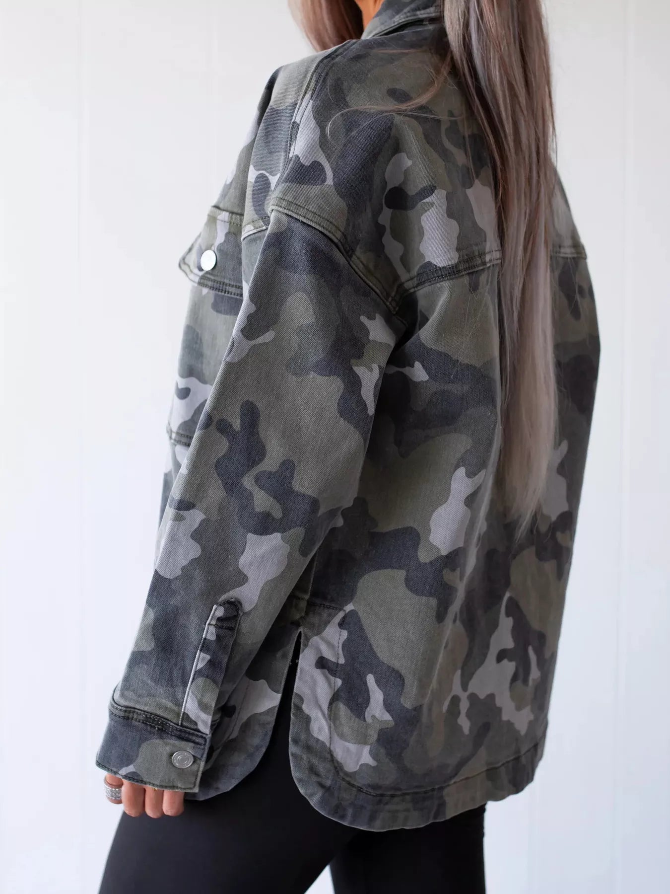 Trendsi Camouflage Print Button Up Denim Jacket -