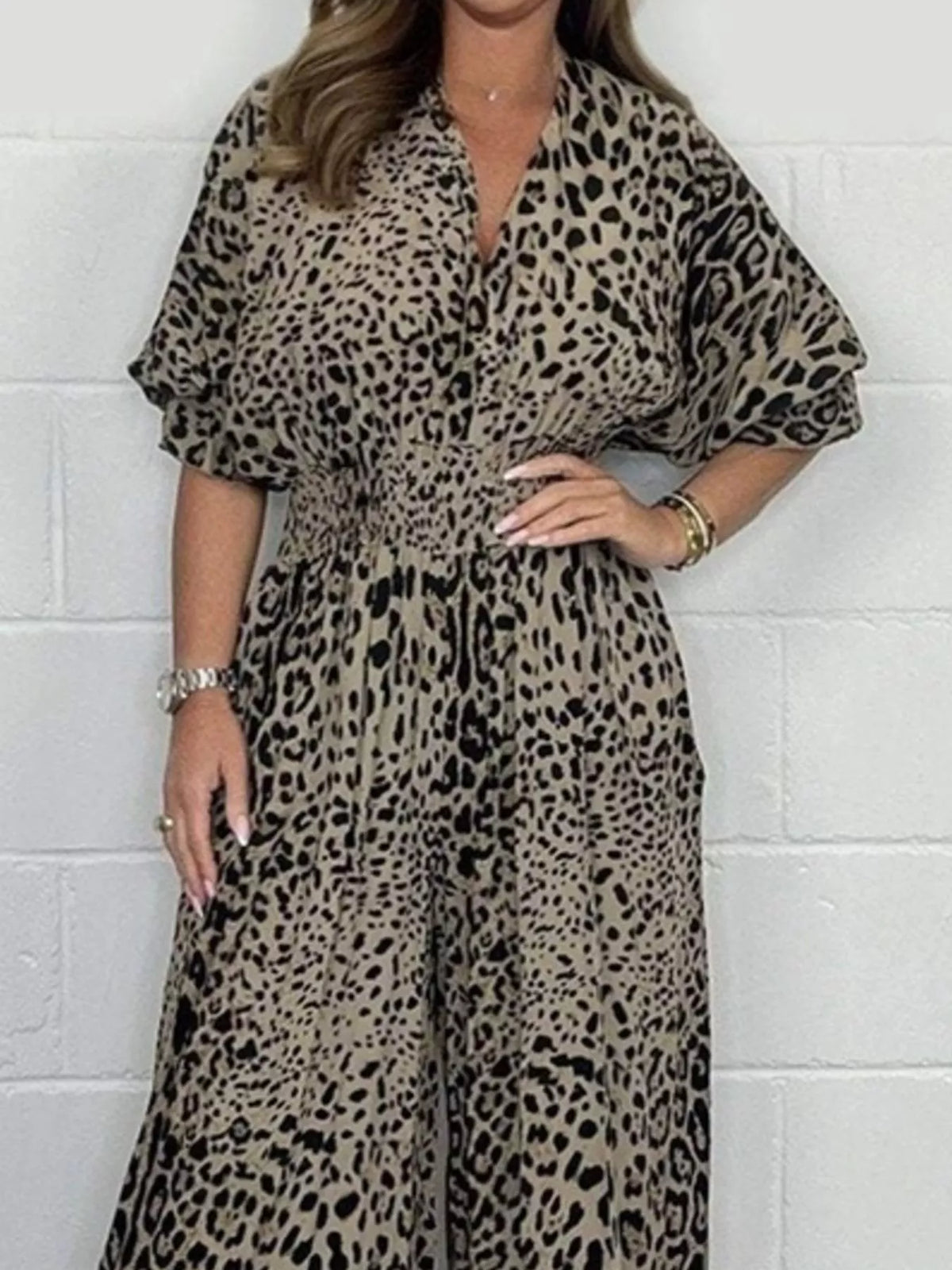 Brown leopard leopard print v-neck wide-leg jumpsuit — design and construction details