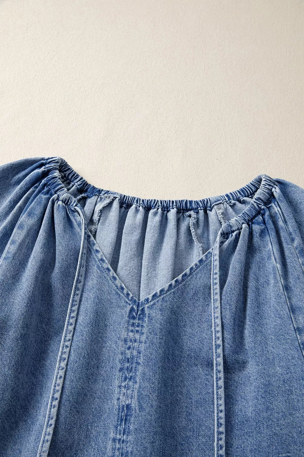 Trendsi Puff Sleeve V Neck Ruffled Loose Denim Mini Dress -