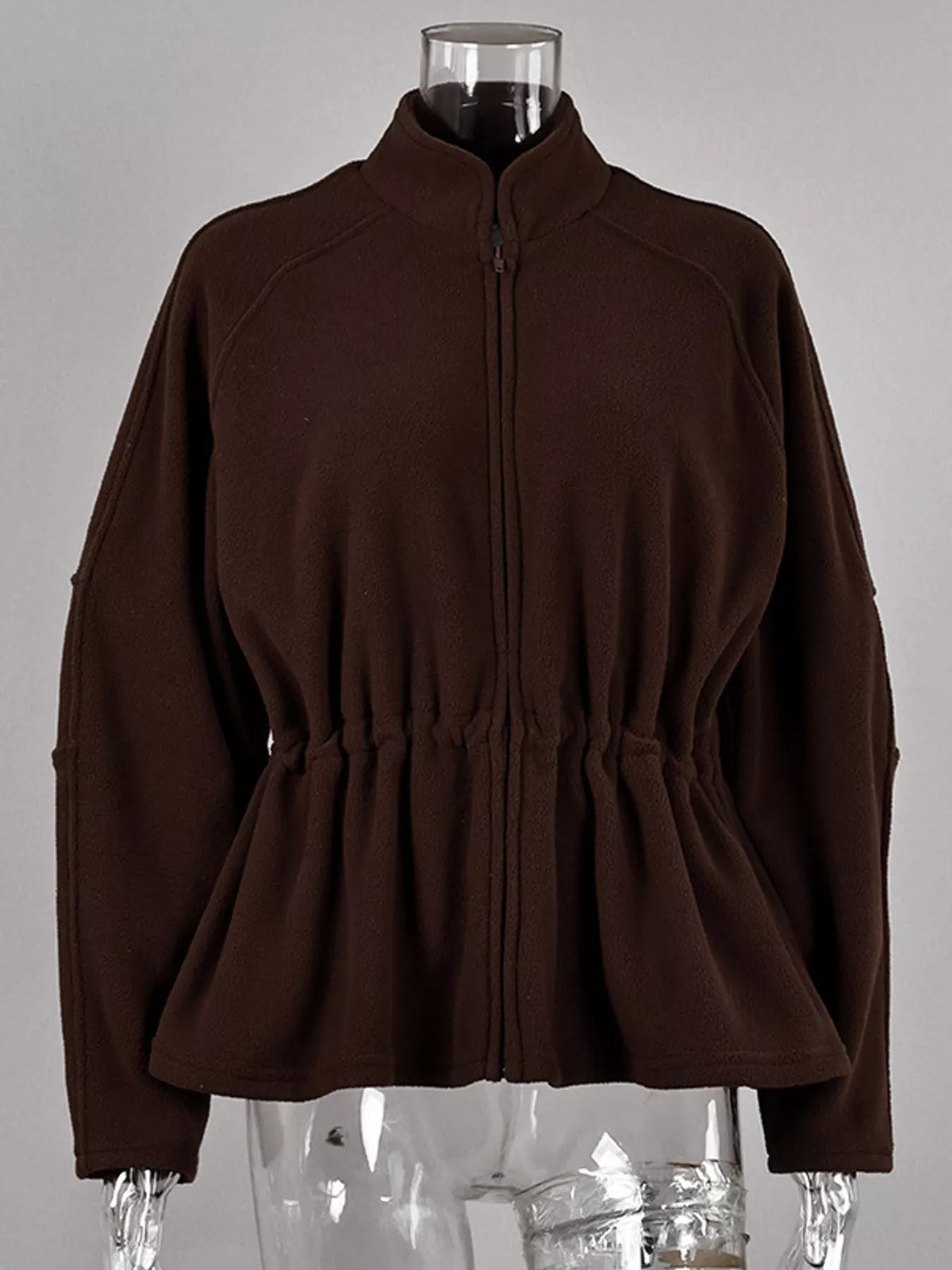 Brown drawstring fleece zip-up jacket