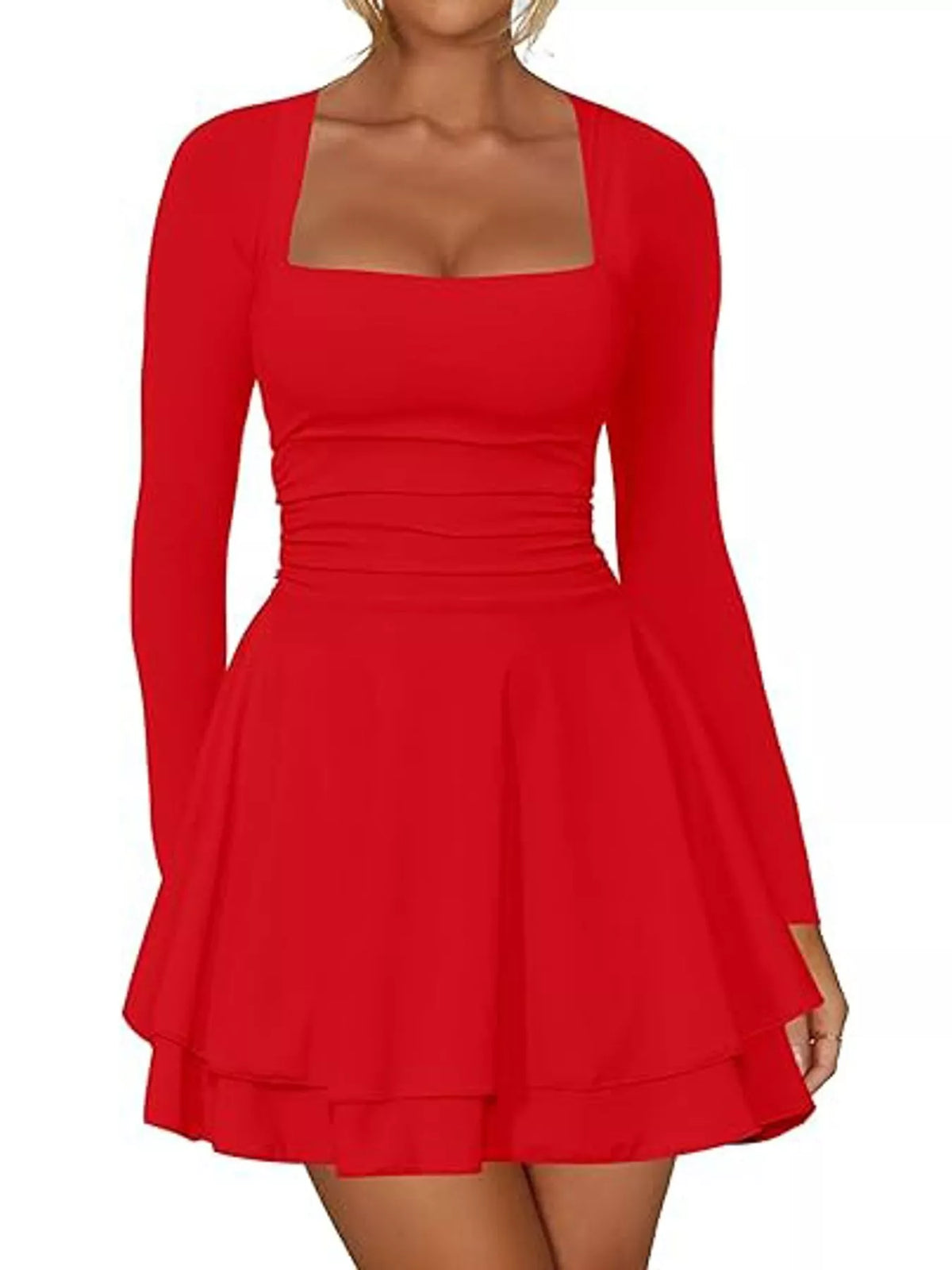 Square neck long sleeve mini dress, front view on model