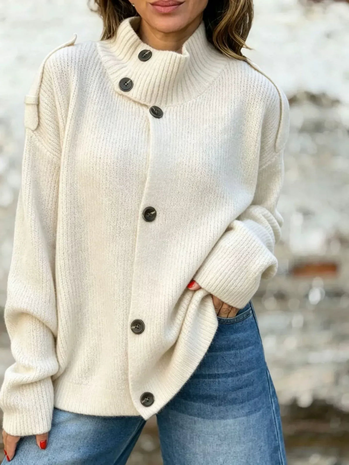 Button-Up Mock Neck Cardigan in white, front view