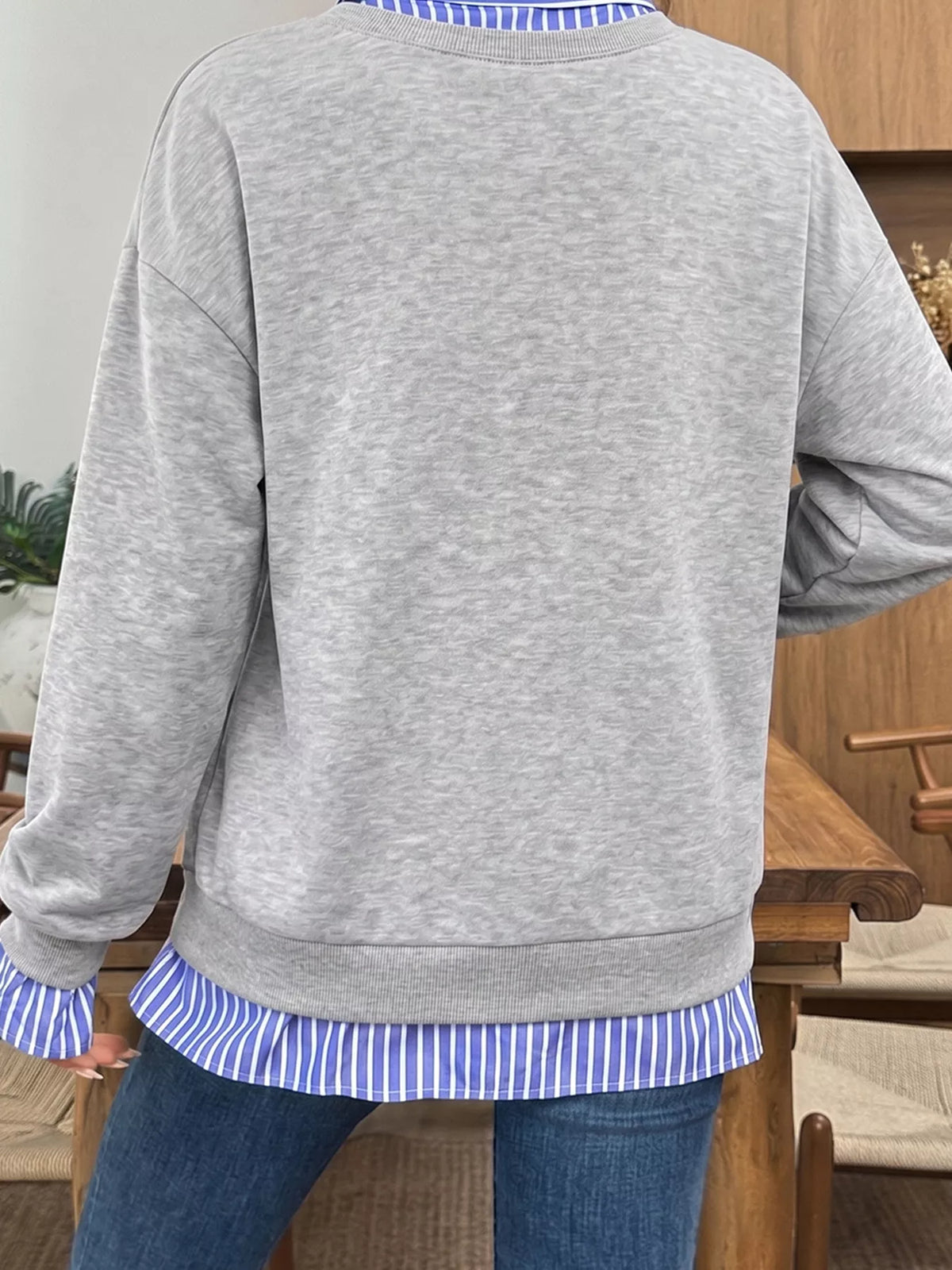 Striped-collar sweatshirt, gray back