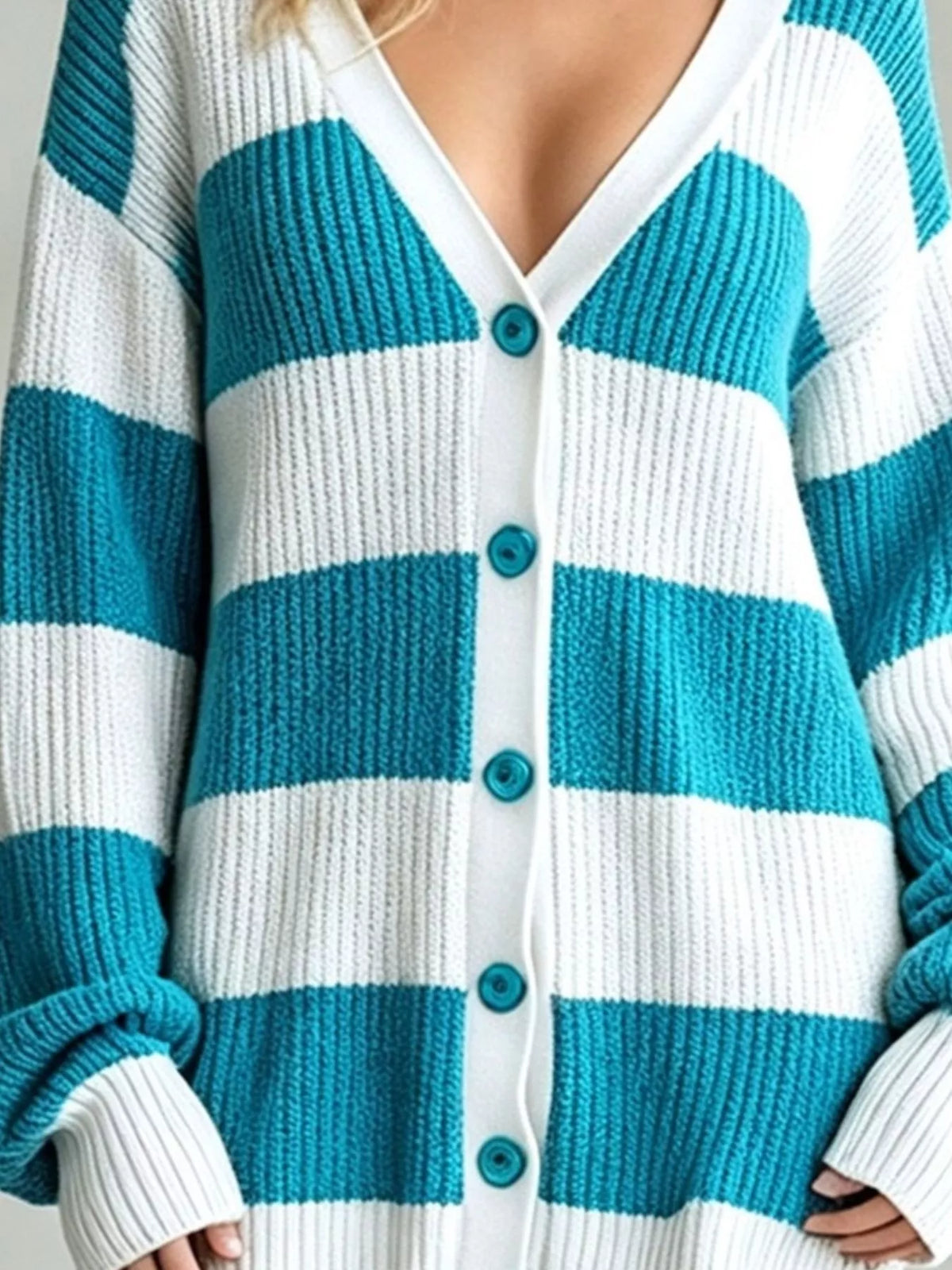 Striped cardigan, teal and white button detail