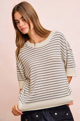Trendsi BiBi Stripes Short Sleeves Rib Banded Outseam Knit Top -