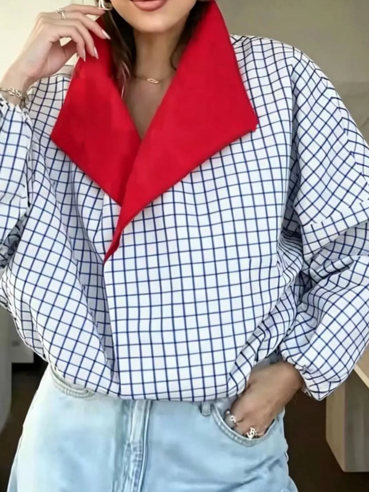 White and blue check contrast lapel plaid jacket — front view