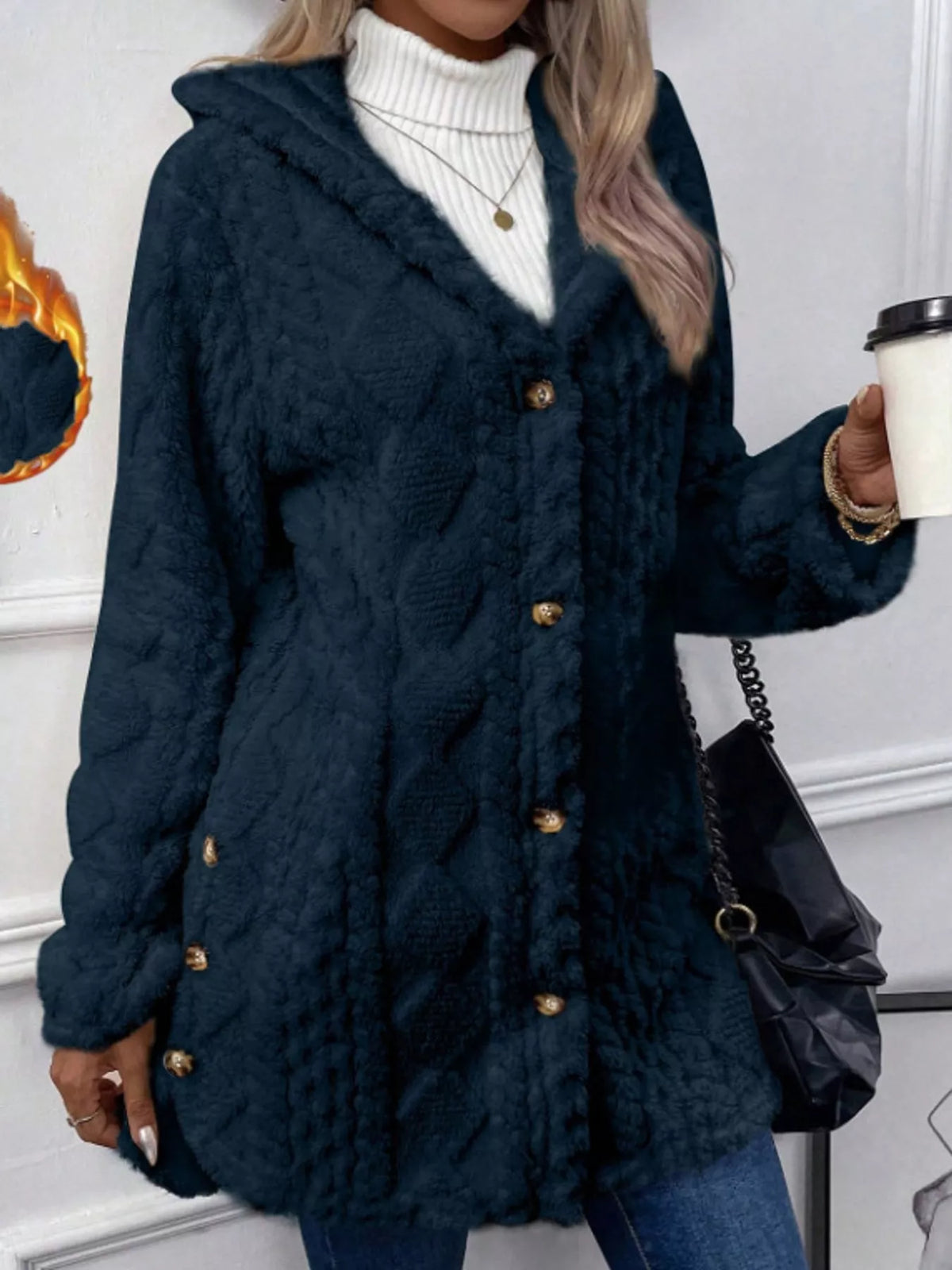 Navy cable knit faux fur hooded jacket