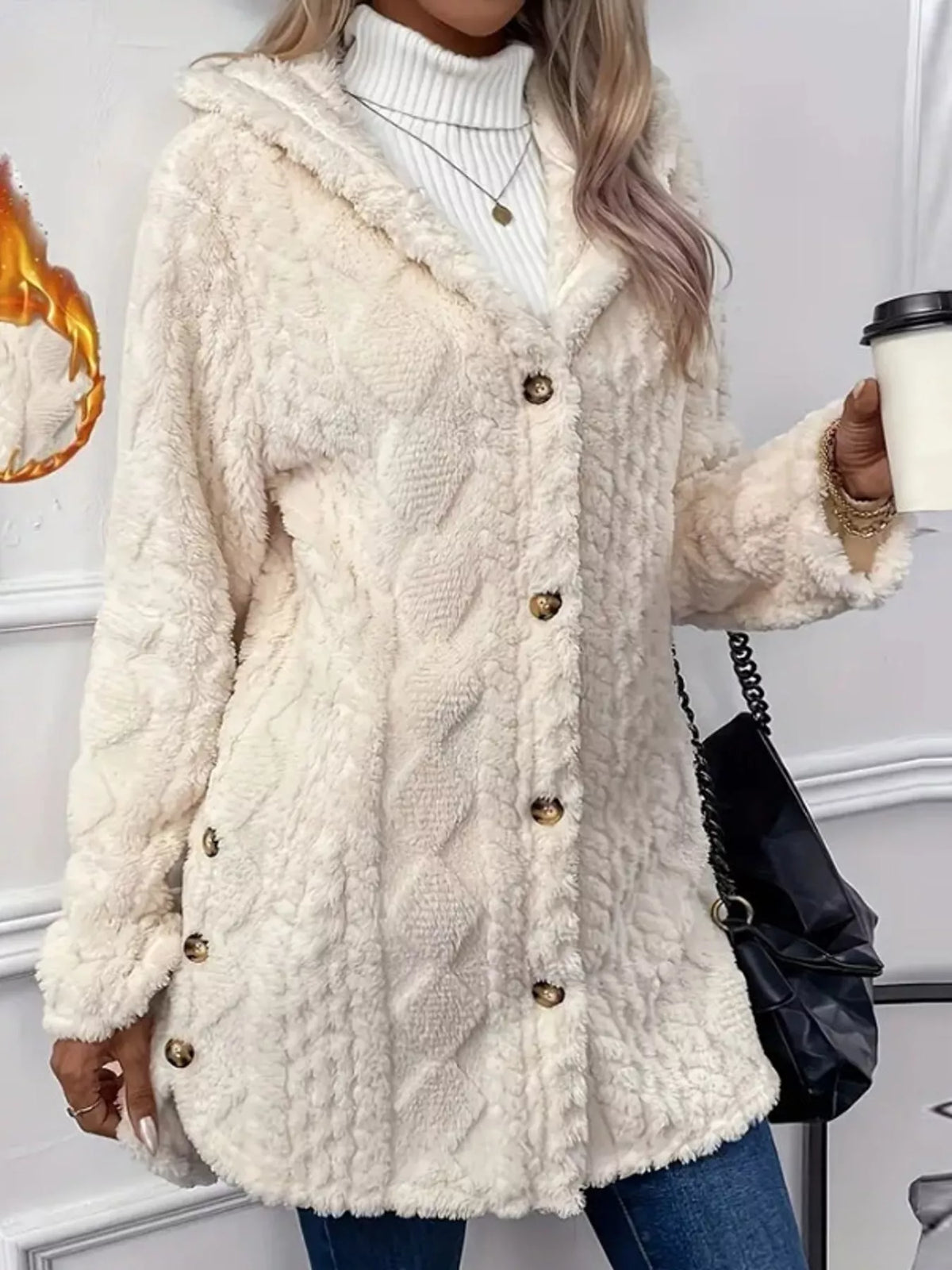 White cable knit faux fur hooded jacket