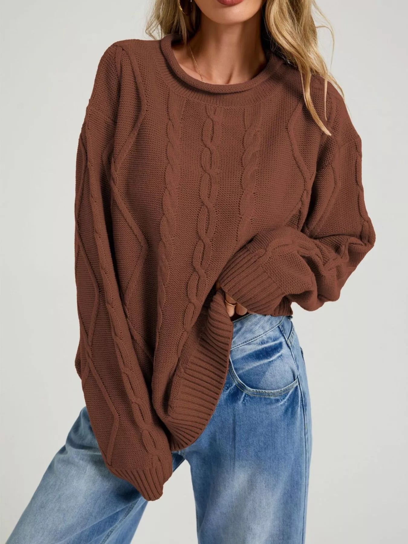 Trendsi Cable Knit Ribbed Hem Sweater -
