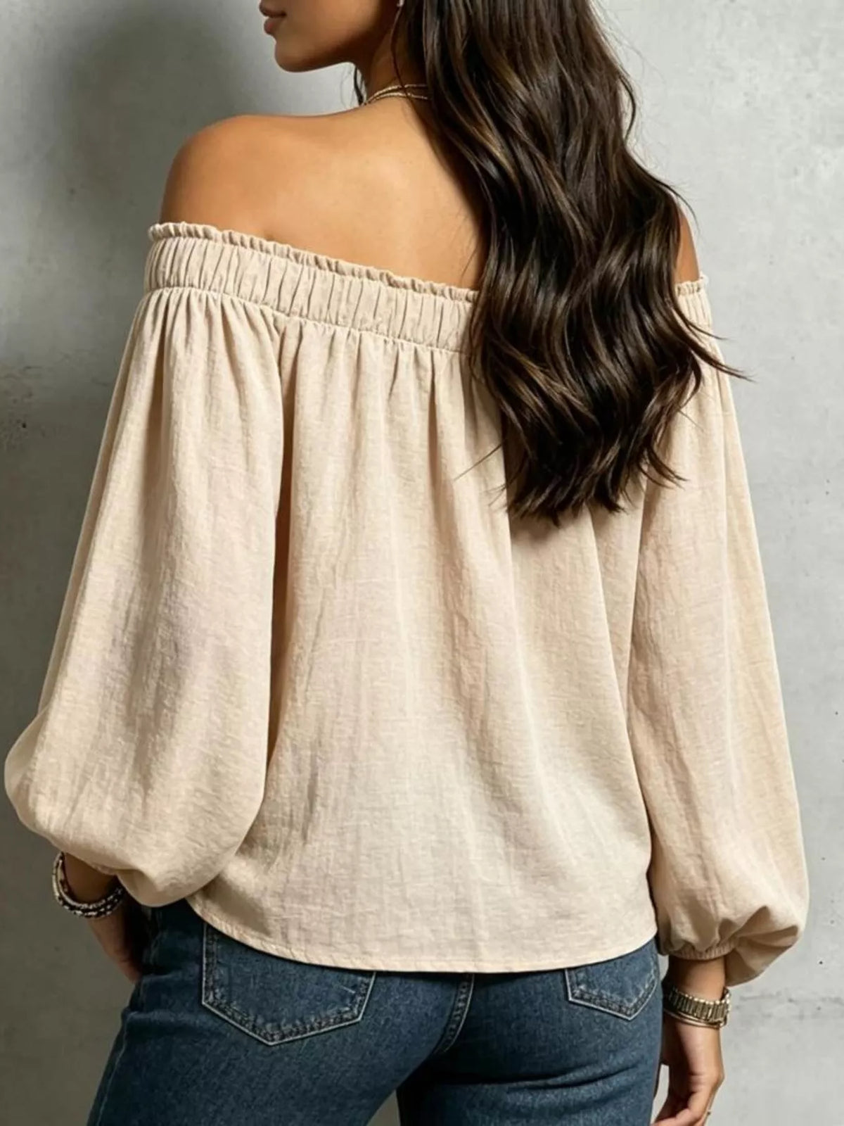 Beige off-shoulder long sleeve blouse, back view