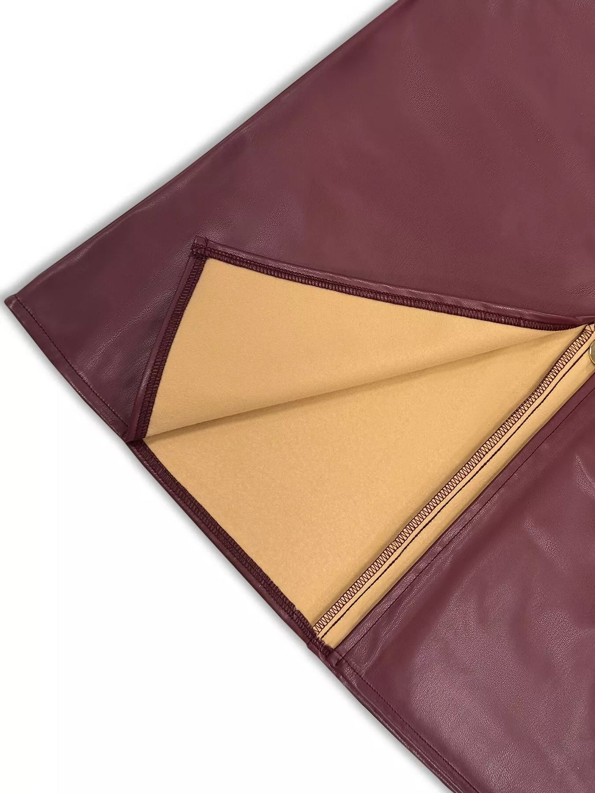 Burgundy Zip-Front Faux-Leather Midi Skirt lining and zipper detail