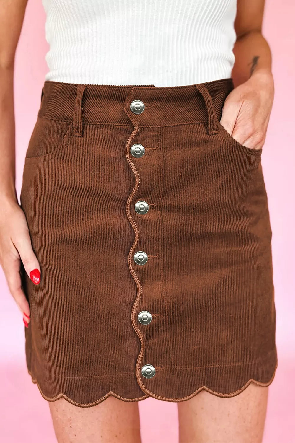 Trendsi Button Front Corduroy Mini Pockets Sheath Silhouette Skirt -