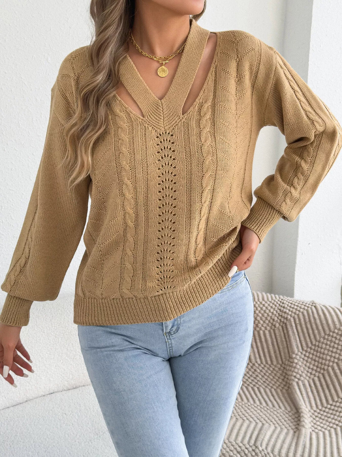 Tan cut-out cable knit sweater