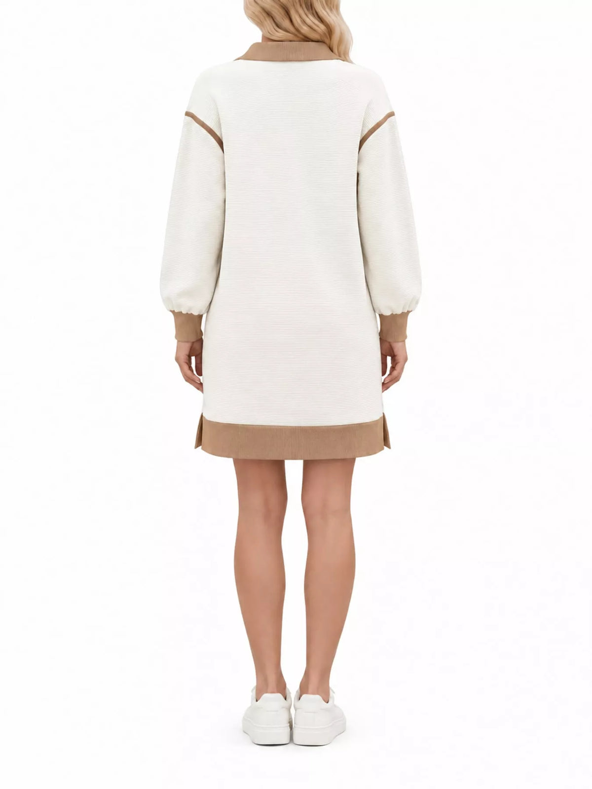 White and tan color block quarter-zip sweatshirt dress — back view