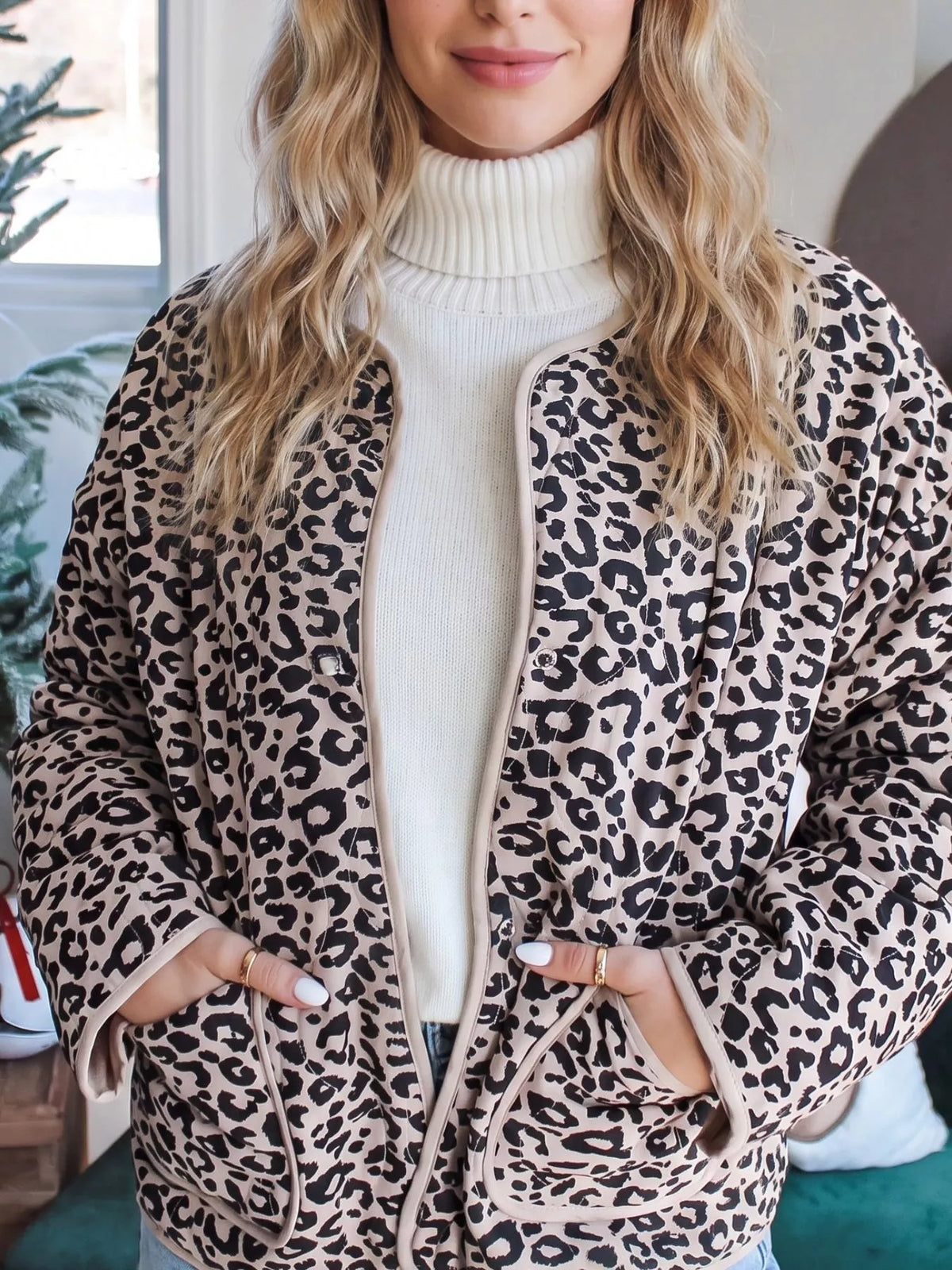Black and white leopard leopard print long sleeve patch pocket jacket — front view