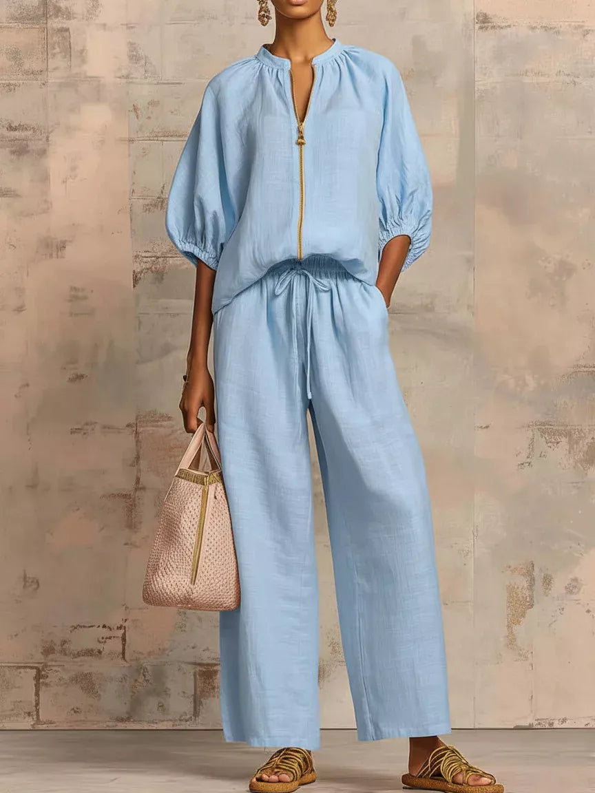 Zip-front top and wide-leg pants set
