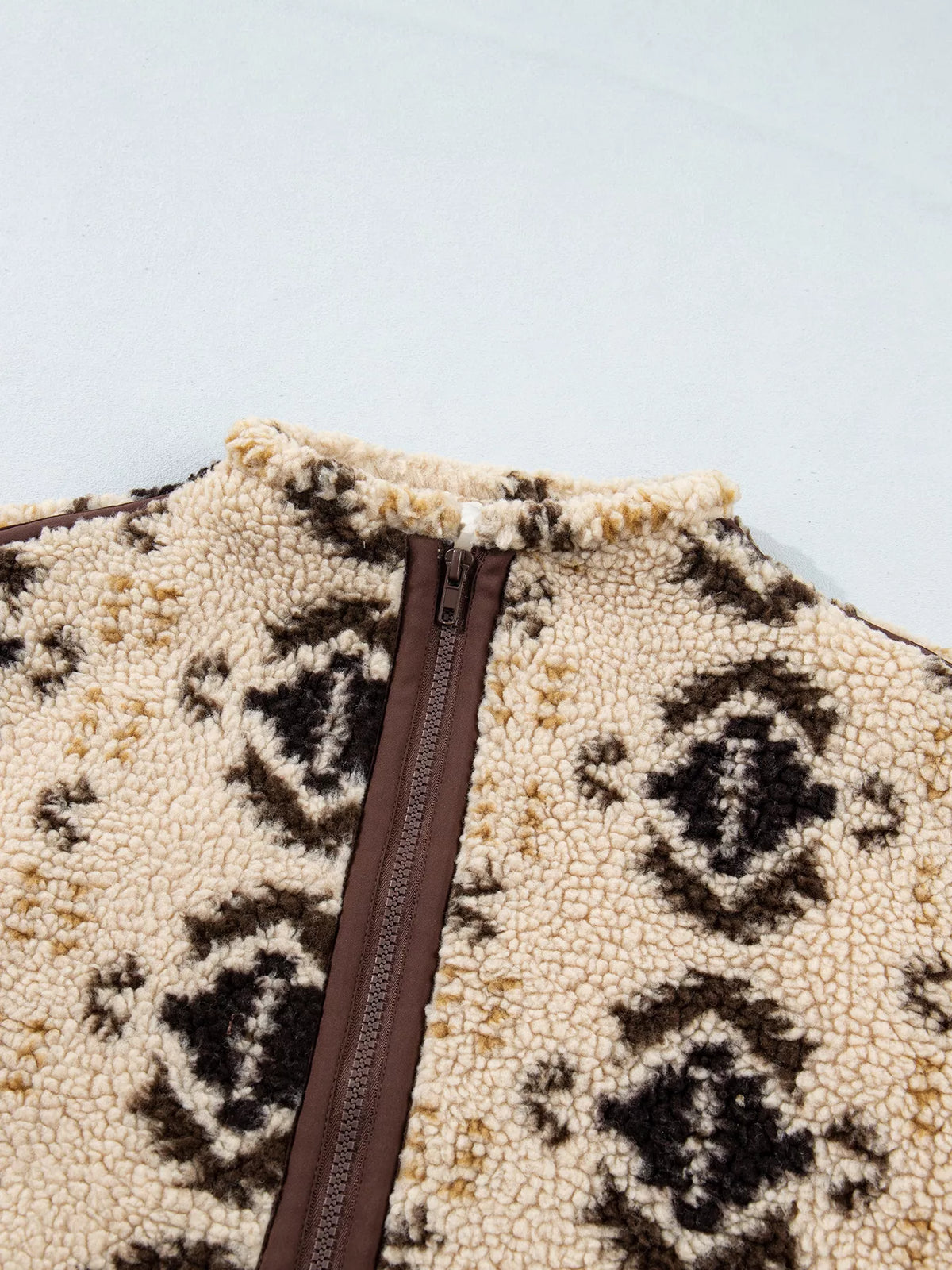 Aztec Print Quarter-Zip Sherpa Sweatshirt in khaki, construction detail