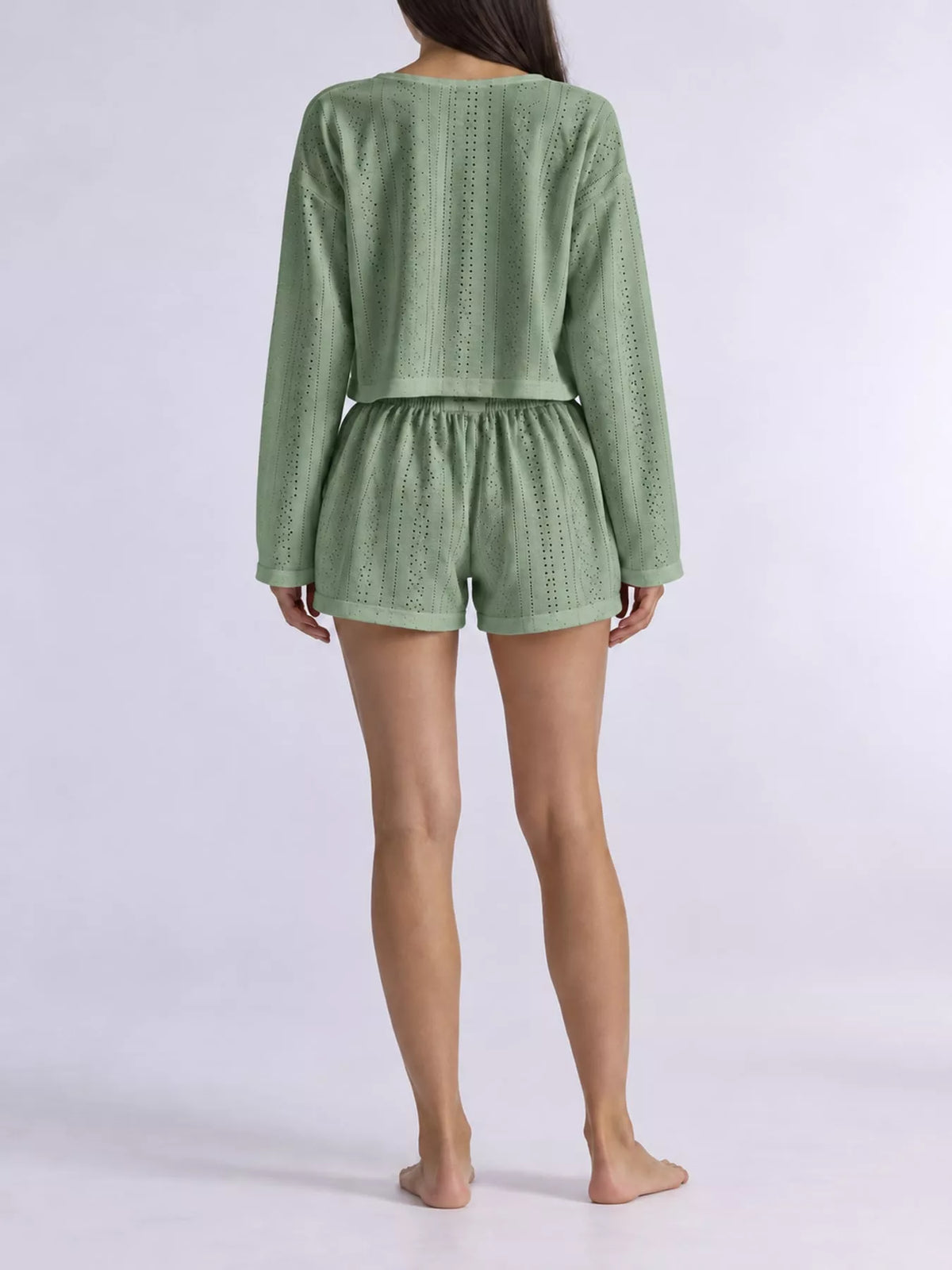 Eyelet Long Sleeve Top and Shorts Lounge Set, back view in green