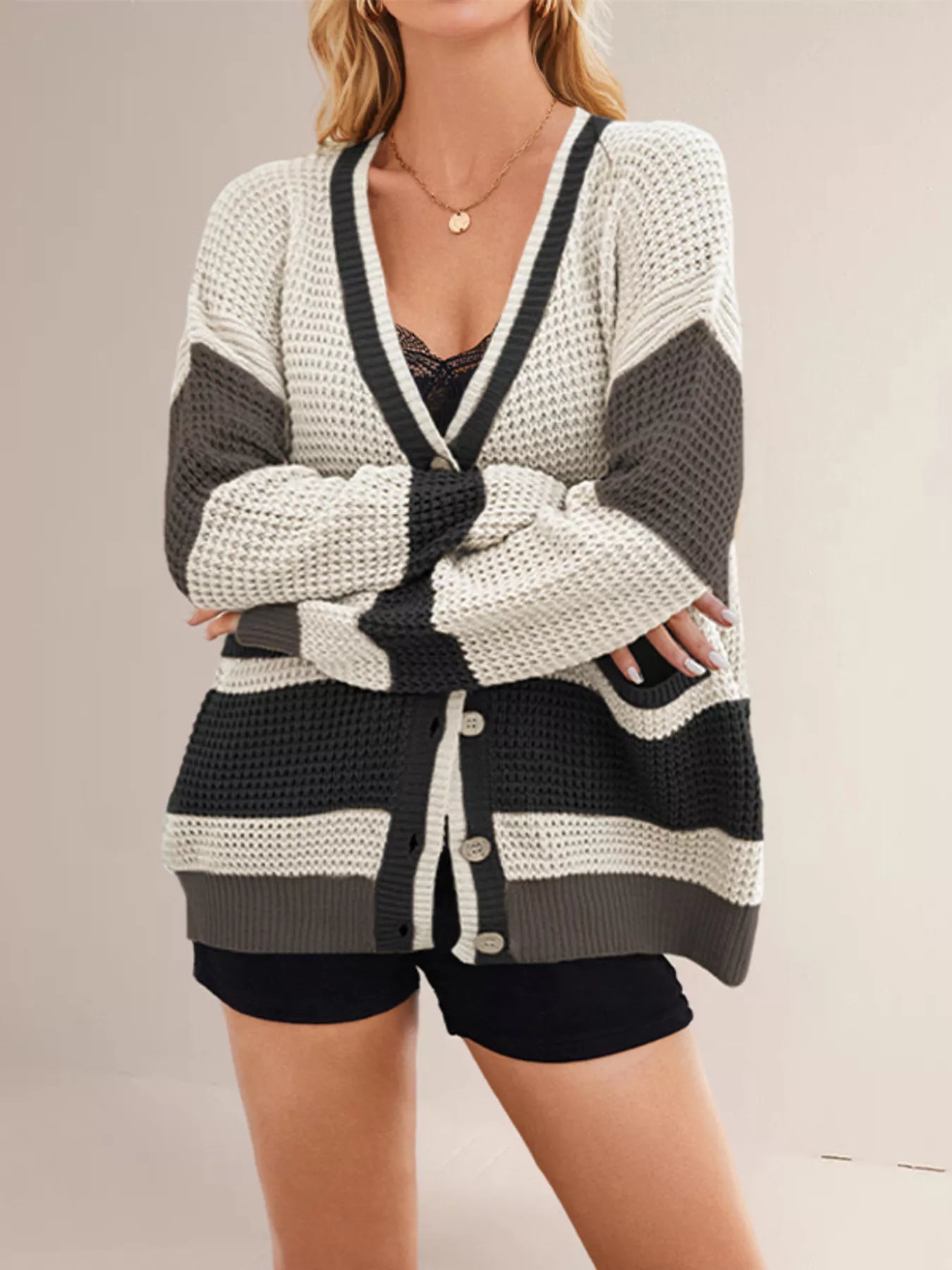 Trendsi Color Block V-Neck Cardigan -