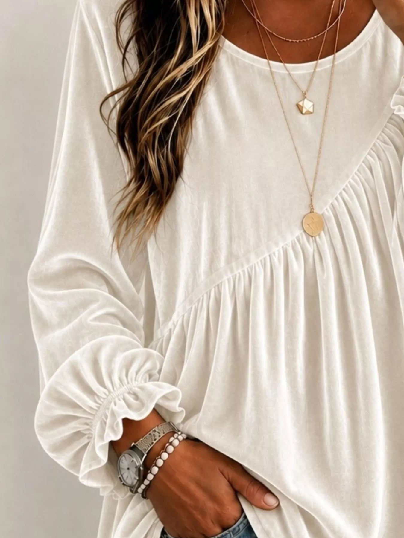 Trendsi Full Size Velvet Round Neck Long Sleeve Blouse Plus Size -