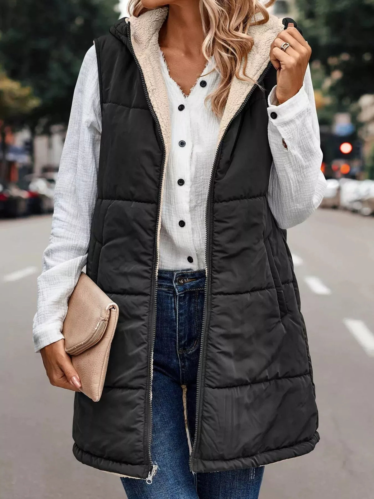Black hooded sherpa-lined puffer vest