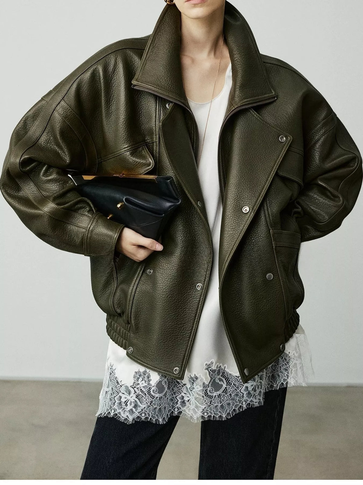 Snap Down Leather Jacket in dark green, front view